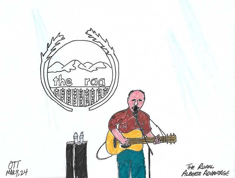 Really awful drawing of Nils from the Rural Alberta Advantage on stage.