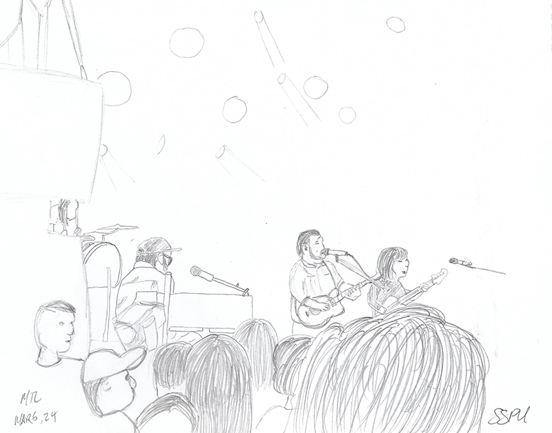Really awful drawing of a photo with Silversun Pickups on stage and a few heads in the crowd.